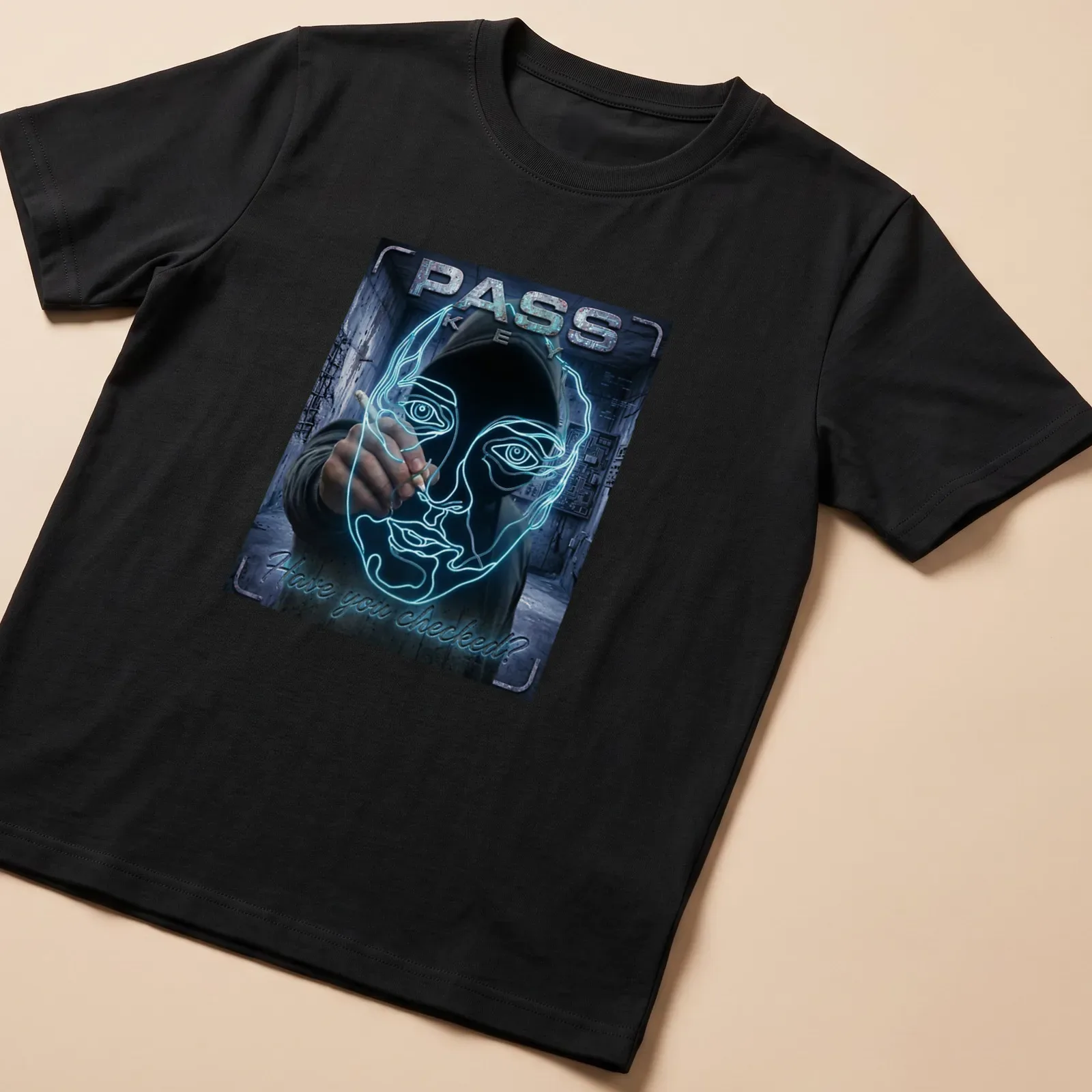 Neon line art of a face outline with text 'PASS KEY Have you checked?' — printed on a unisex t-shirt