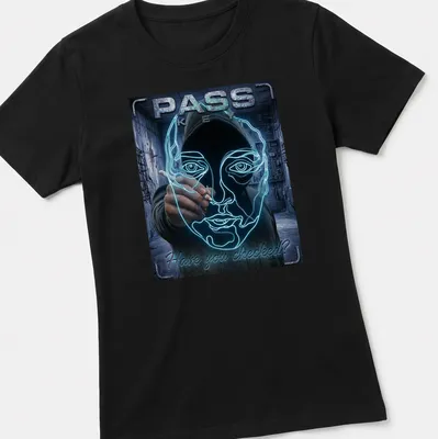 Neon line art of a face outline with text 'PASS KEY Have you checked?' — printed on a women's shirt