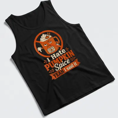 Vintage distressed t-shirt with printed text about pumpkin spice and a coffee mug — printed on a tank top