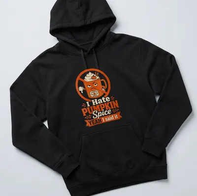 Vintage distressed t-shirt with printed text about pumpkin spice and a coffee mug — printed on a unisex hoodie