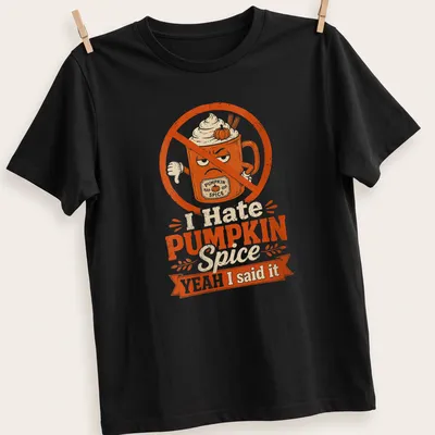 Vintage distressed t-shirt with printed text about pumpkin spice and a coffee mug