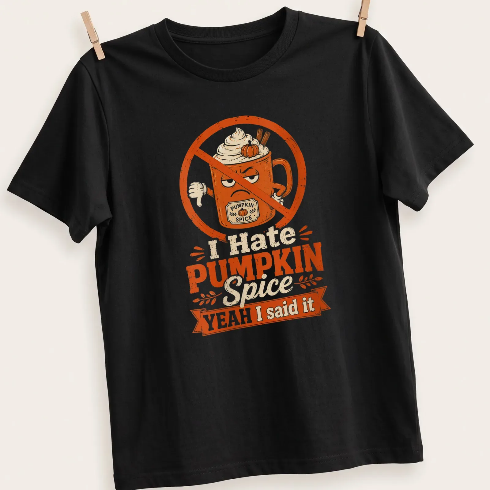 Vintage distressed t-shirt with printed text about pumpkin spice and a coffee mug — printed on a unisex t-shirt