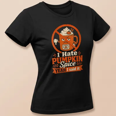 Vintage distressed t-shirt with printed text about pumpkin spice and a coffee mug — printed on a women's shirt