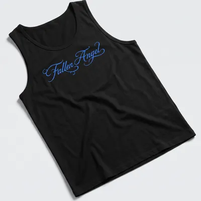 Elegant script design of a Fallen Angel in blue lettering — printed on a tank top