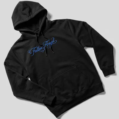 Elegant script design of a Fallen Angel in blue lettering — printed on a unisex hoodie