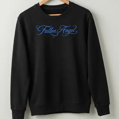Elegant script design of a Fallen Angel in blue lettering — printed on a unisex sweatshirt