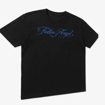 Elegant script design of a Fallen Angel in blue lettering — printed on a unisex t-shirt (angled view)