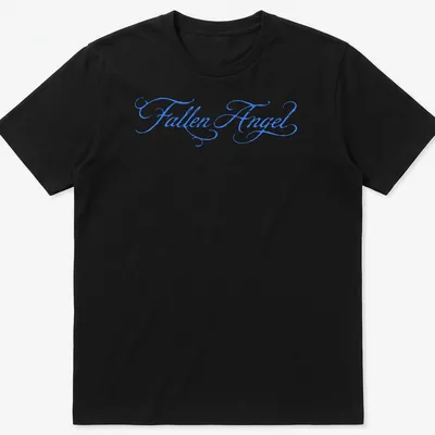 Elegant script design of a Fallen Angel in blue lettering
