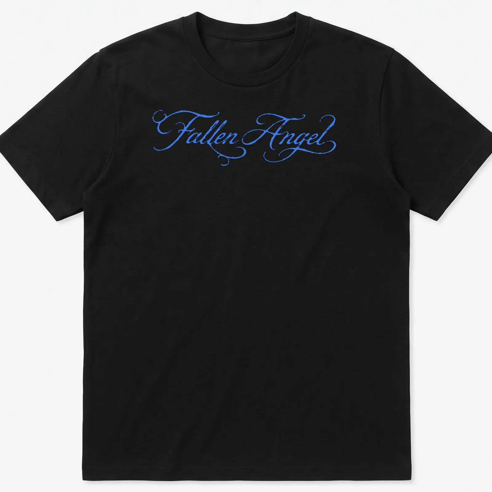 Elegant script design of a Fallen Angel in blue lettering — printed on a unisex t-shirt