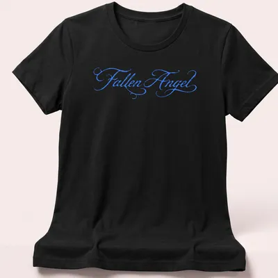Elegant script design of a Fallen Angel in blue lettering — printed on a women's shirt