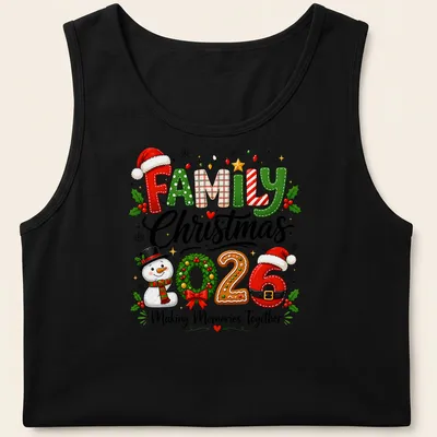 Festive snowman t-shirt with Christmas text and colorful design — printed on a tank top