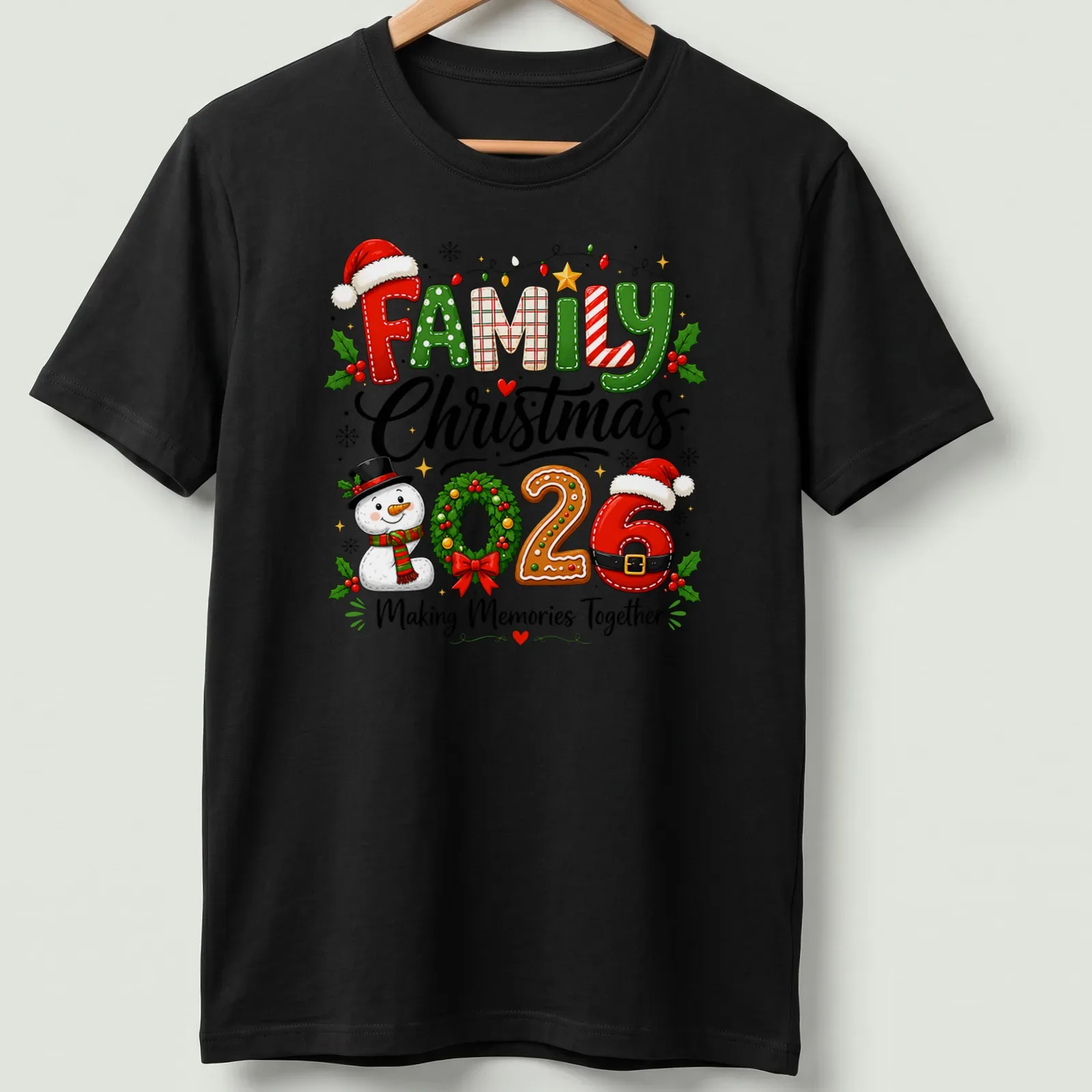 Festive snowman t-shirt with Christmas text and colorful design — printed on a unisex t-shirt