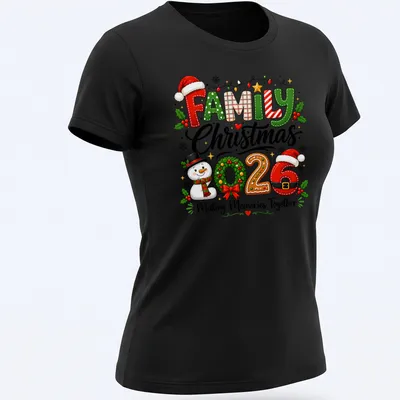 Festive snowman t-shirt with Christmas text and colorful design — printed on a women's shirt
