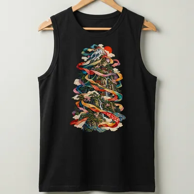 Japanese Ukiyo-e style print of a scenic mountain landscape with vibrant colors — printed on a tank top