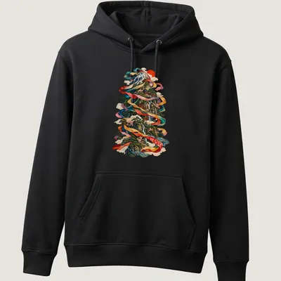 Japanese Ukiyo-e style print of a scenic mountain landscape with vibrant colors — printed on a unisex hoodie