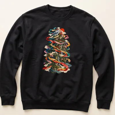 Japanese Ukiyo-e style print of a scenic mountain landscape with vibrant colors — printed on a unisex sweatshirt