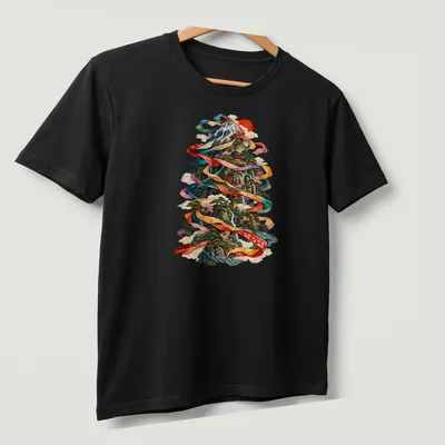 Japanese Ukiyo-e style print of a scenic mountain landscape with vibrant colors — printed on a unisex t-shirt (angled view)