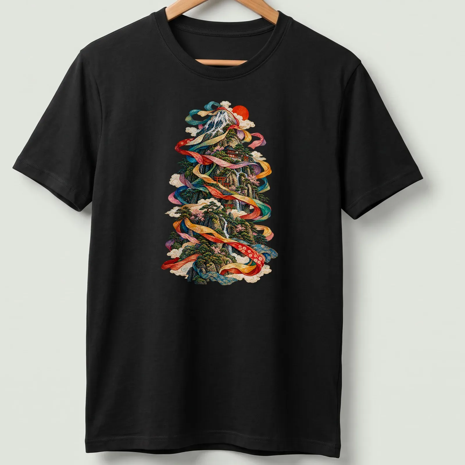 Japanese Ukiyo-e style print of a scenic mountain landscape with vibrant colors — printed on a unisex t-shirt