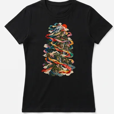 Japanese Ukiyo-e style print of a scenic mountain landscape with vibrant colors — printed on a women's shirt