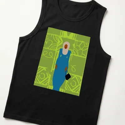 Minimalist illustration of a fashionable woman in a blue dress holding a bag — printed on a tank top