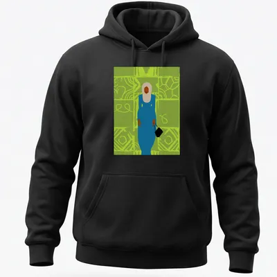 Minimalist illustration of a fashionable woman in a blue dress holding a bag — printed on a unisex hoodie