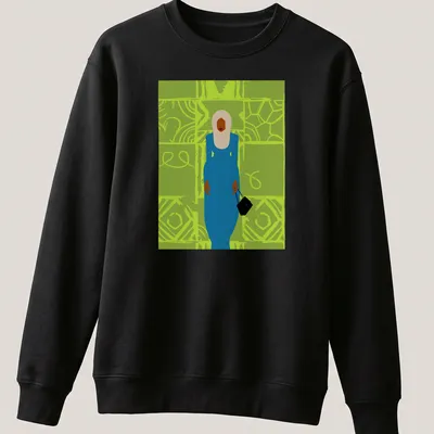 Minimalist illustration of a fashionable woman in a blue dress holding a bag — printed on a unisex sweatshirt