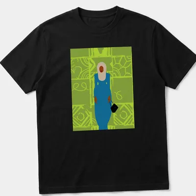 Minimalist illustration of a fashionable woman in a blue dress holding a bag