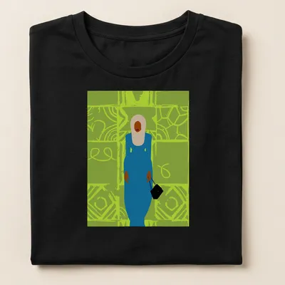 Minimalist illustration of a fashionable woman in a blue dress holding a bag — printed on a women's shirt