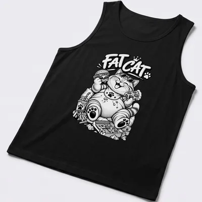 Kawaii line-art Fat Cat wearing sunglasses above playful text — printed on a tank top