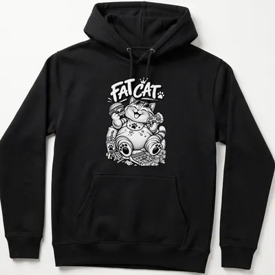 Kawaii line-art Fat Cat wearing sunglasses above playful text — printed on a unisex hoodie
