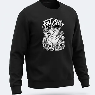 Kawaii line-art Fat Cat wearing sunglasses above playful text — printed on a unisex sweatshirt