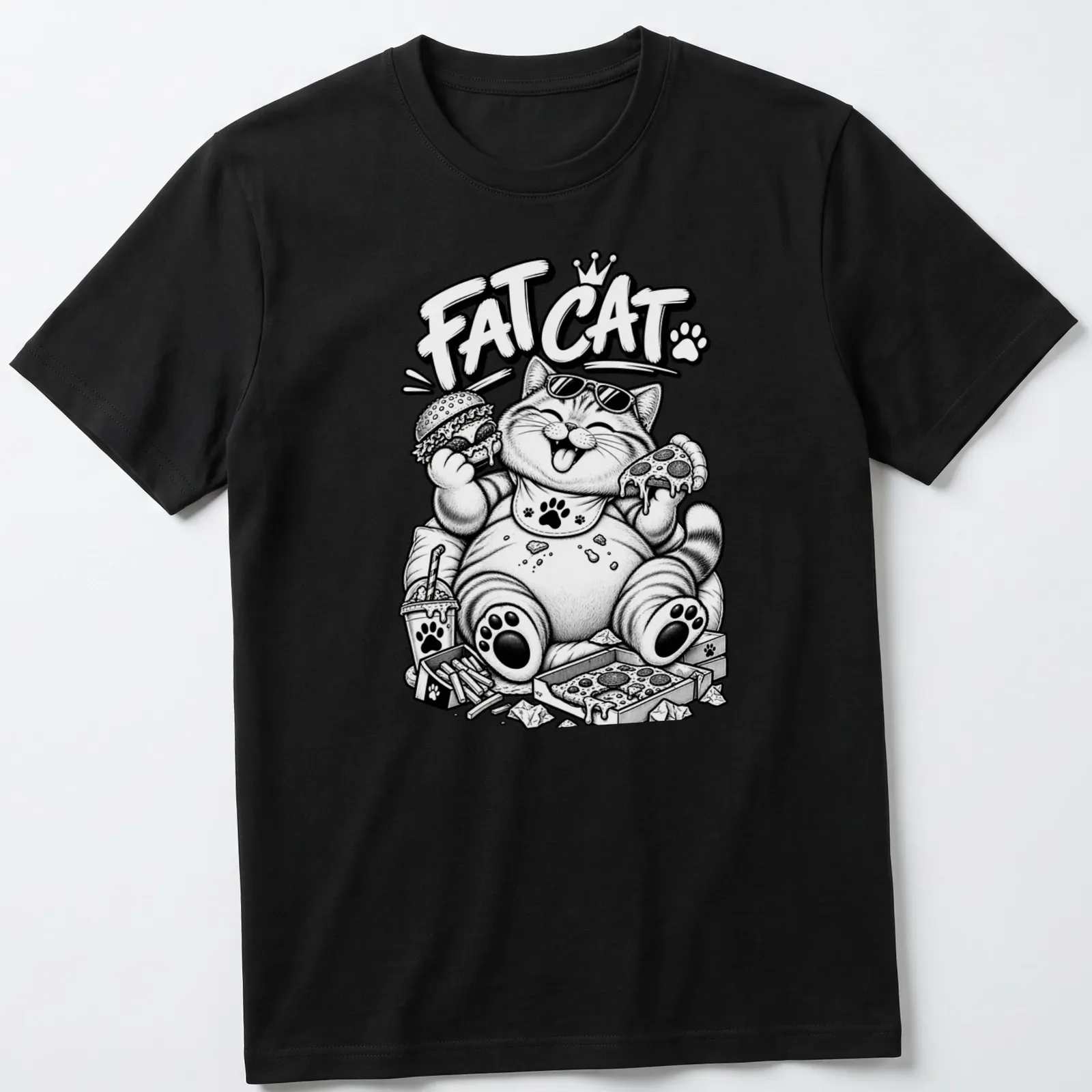 Kawaii line-art Fat Cat wearing sunglasses above playful text — printed on a unisex t-shirt