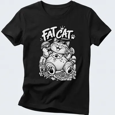 Kawaii line-art Fat Cat wearing sunglasses above playful text — printed on a women's shirt