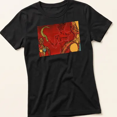 Abstract expressionist FEMEN Ukraine T-shirt featuring activist imagery in bold colors. — printed on a women's shirt