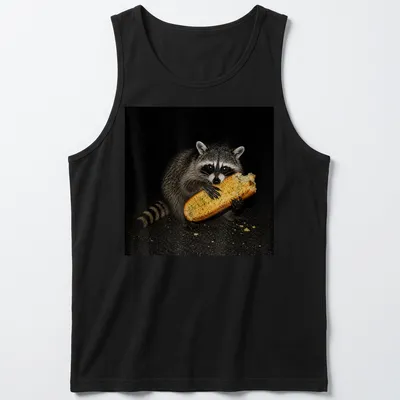 Realistic image of a feral raccoon eating garlic bread, captured in a humorous moment — printed on a tank top