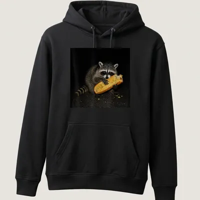 Realistic image of a feral raccoon eating garlic bread, captured in a humorous moment — printed on a unisex hoodie