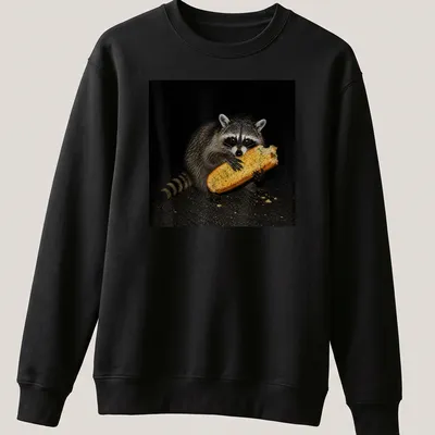 Realistic image of a feral raccoon eating garlic bread, captured in a humorous moment — printed on a unisex sweatshirt