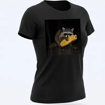 Realistic image of a feral raccoon eating garlic bread, captured in a humorous moment — printed on a women's shirt