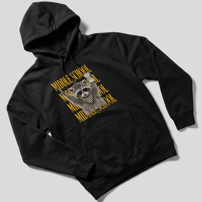Cartoon feral raccoon design alongside bold MIDDLE SCHOOL text — printed on a unisex hoodie