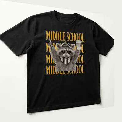 Cartoon feral raccoon design alongside bold MIDDLE SCHOOL text — printed on a unisex t-shirt (angled view)