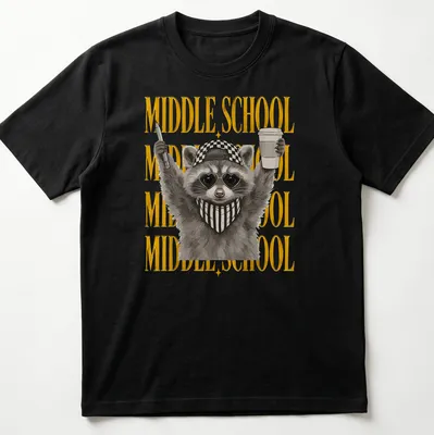 Cartoon feral raccoon design alongside bold MIDDLE SCHOOL text