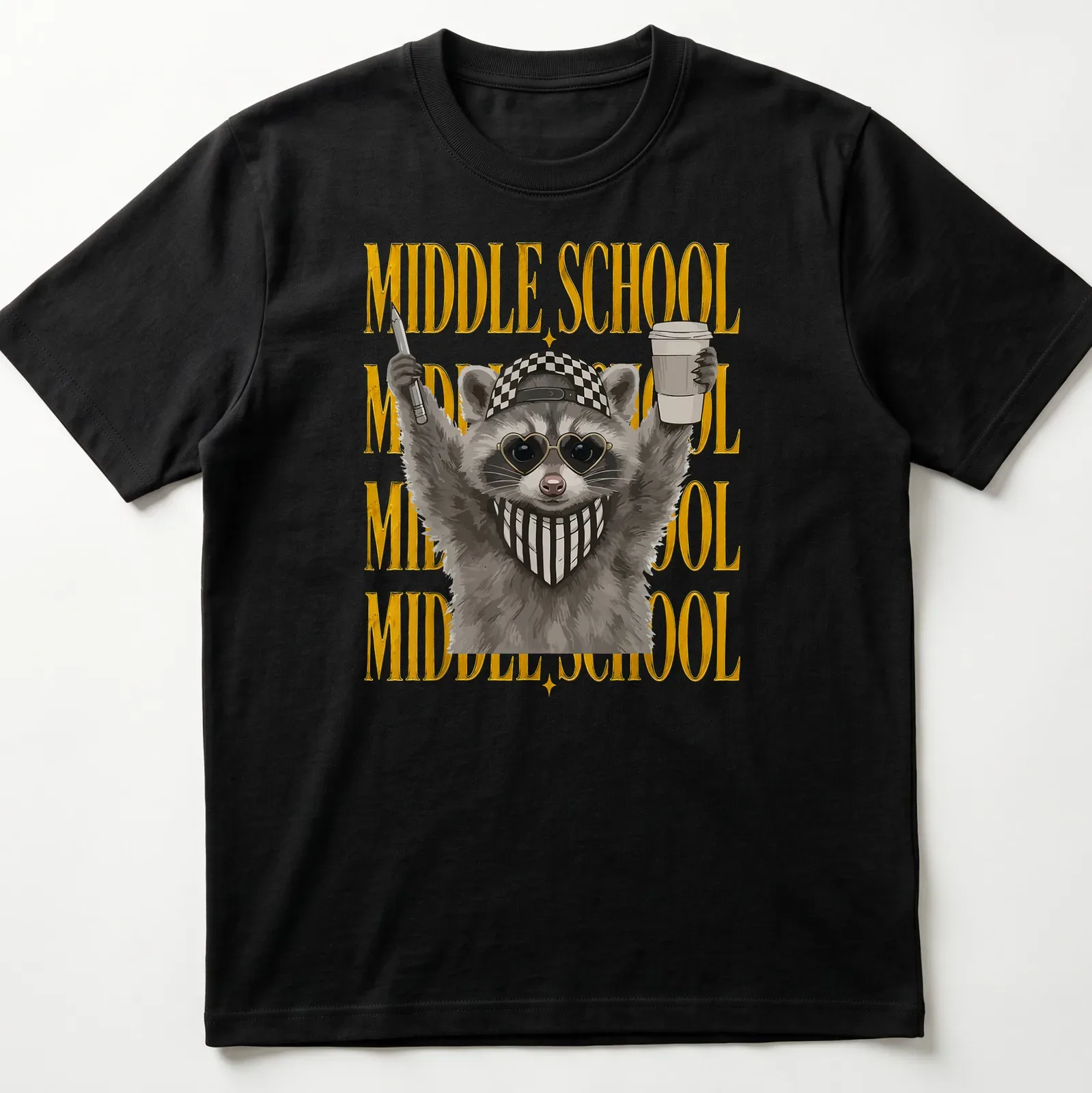 Cartoon feral raccoon design alongside bold MIDDLE SCHOOL text — printed on a unisex t-shirt