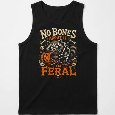 Fun cartoon raccoon skeleton design with colorful text and graphics — printed on a tank top