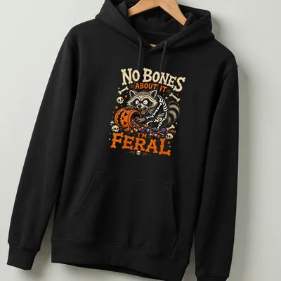 Fun cartoon raccoon skeleton design with colorful text and graphics — printed on a unisex hoodie
