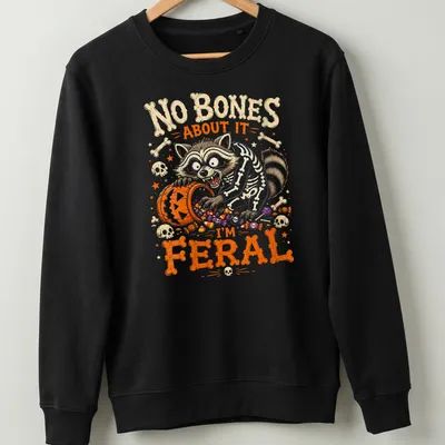 Fun cartoon raccoon skeleton design with colorful text and graphics — printed on a unisex sweatshirt