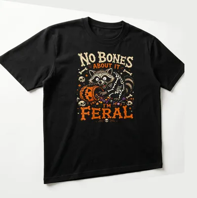 Fun cartoon raccoon skeleton design with colorful text and graphics — printed on a unisex t-shirt (angled view)