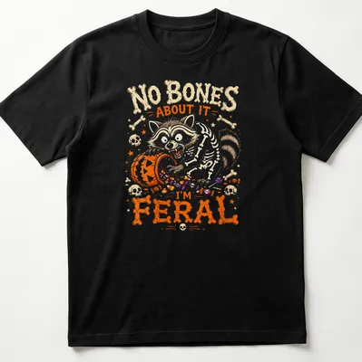 Fun cartoon raccoon skeleton design with colorful text and graphics