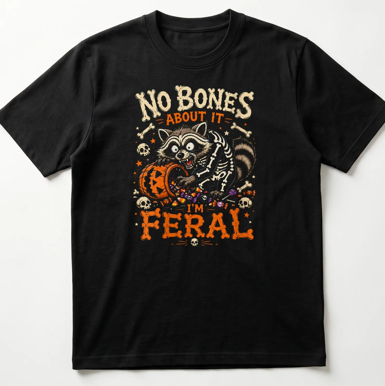 Fun cartoon raccoon skeleton design with colorful text and graphics — printed on a unisex t-shirt