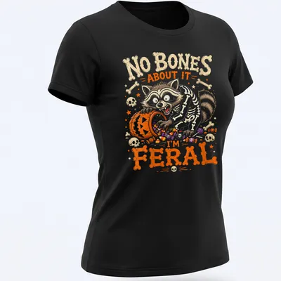 Fun cartoon raccoon skeleton design with colorful text and graphics — printed on a women's shirt