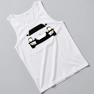 Minimalist illustration of a Fiat X19 car in black, white, and yellow — printed on a tank top